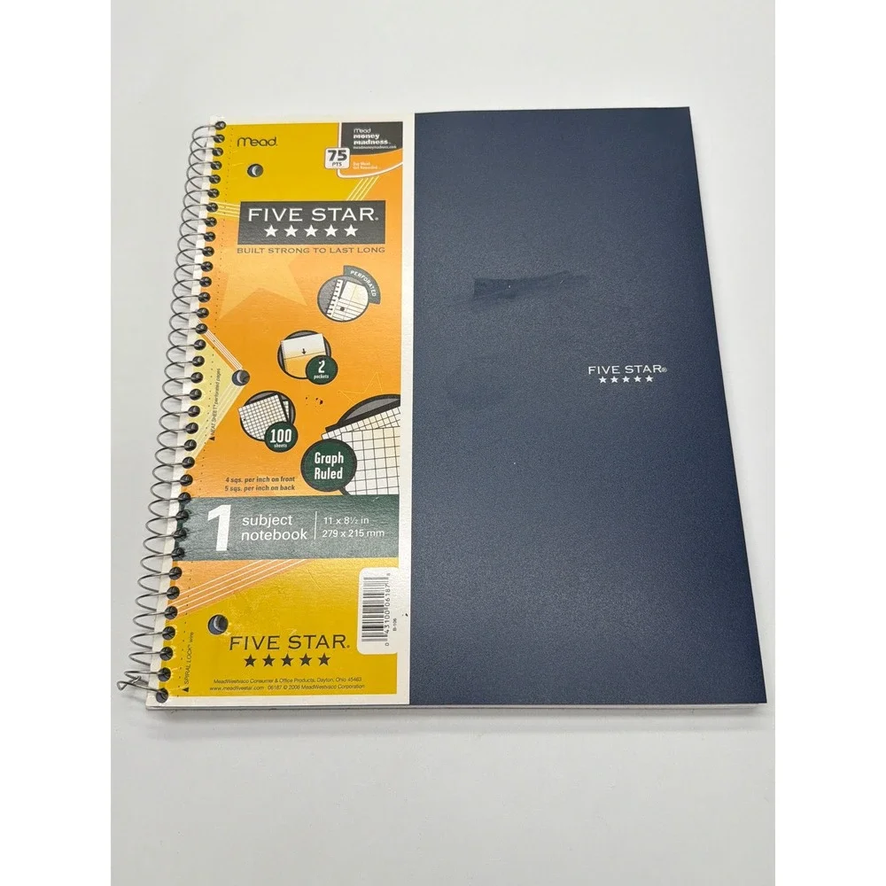 Mead Five Star 1 Subject Notebook Navy Blue Graph Ruled 100 Sheets 11x8.5in‎